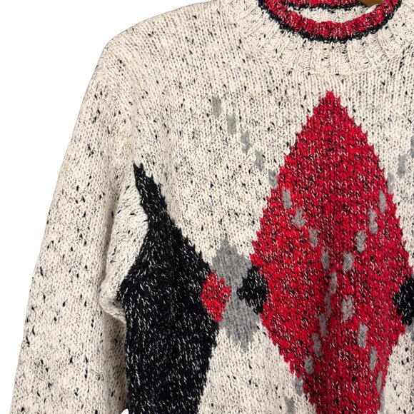 Vintage 90s Chunky Argyle Speckled Knit Sweater – Cotton Ramie Blend, Festive - Picture 3 of 8